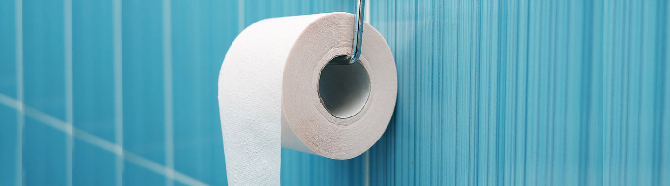 A roll of toilet paper on a holder hanging on the blue wall