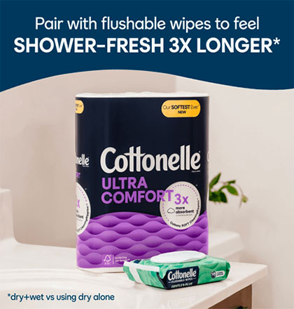 Pair of cottonelle flushable wipes and ultra comfort toilet paper