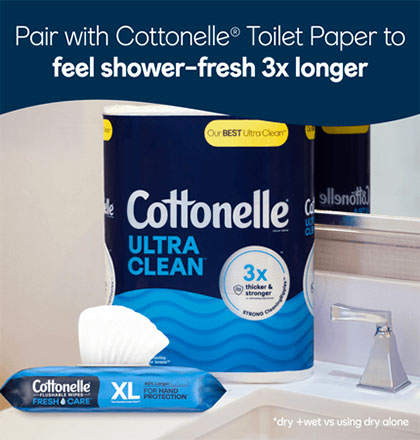 Cottonele product pair with flushable wipes and 3x longer toilet paper